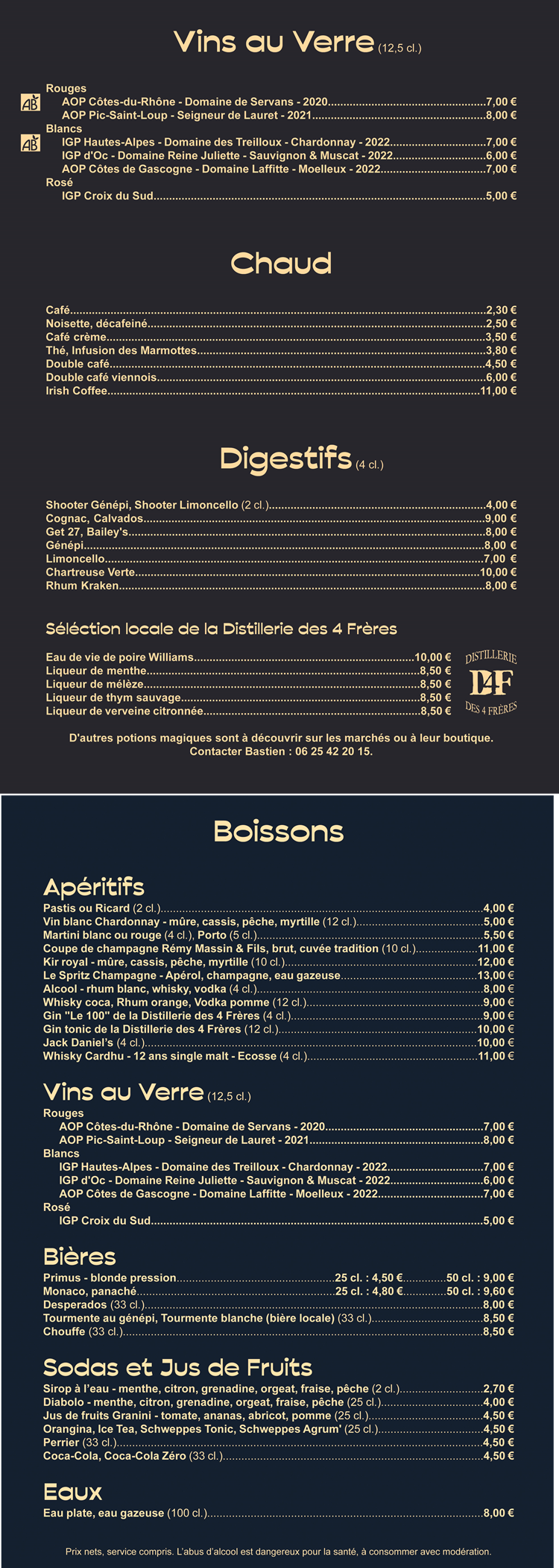 le menu de notre restaurant