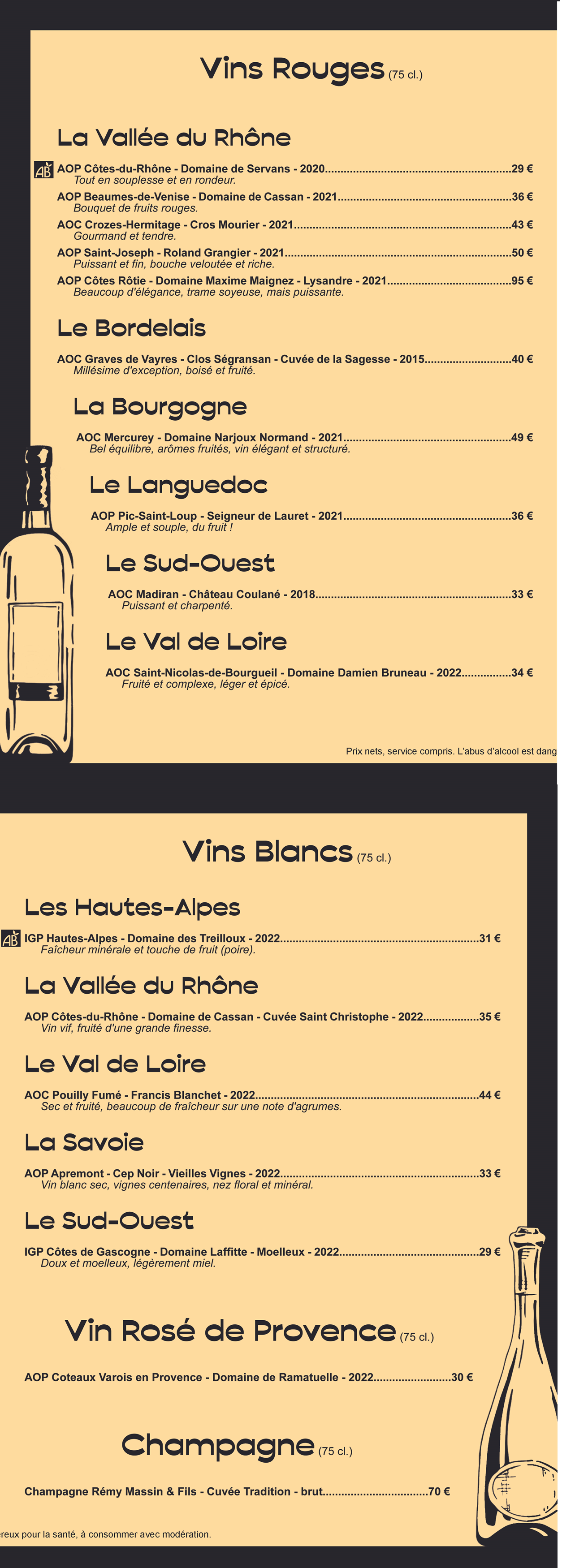 le menu de notre restaurant